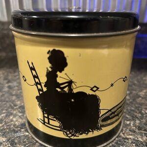 Vintage Yellow Tin with Black Silhouette Design Yarn Holder Twine Tin MidCentury